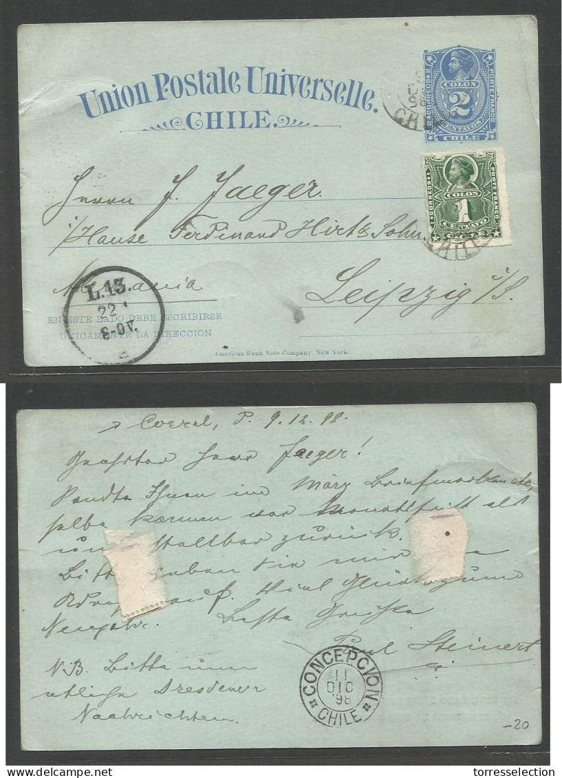 CHILE - Stationery. 1898 (9 Dec) Corral - Germany, Leipzig (22 Dec) 2ct, Blue Stat Card + 1c Adtl, Indistintive Cds. Via - Chile