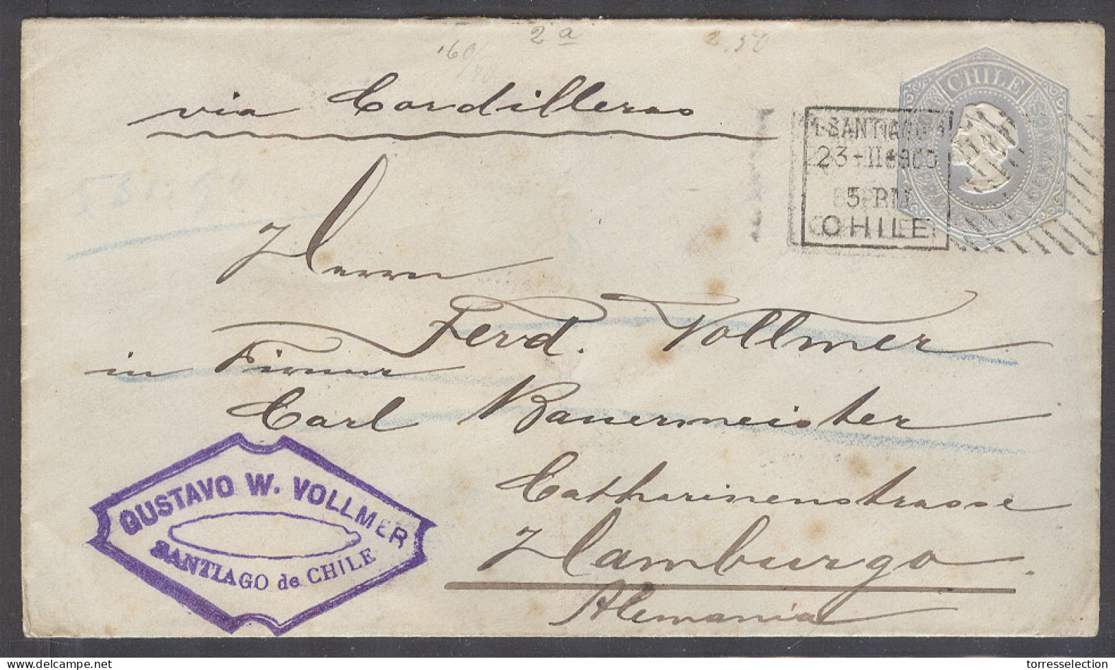 CHILE - Stationery. 1900 (23 Feb). Santiago - Germany, Hamburg (22 March). 10c Grey Blue Stat Env. Via Cordillera. - Chile