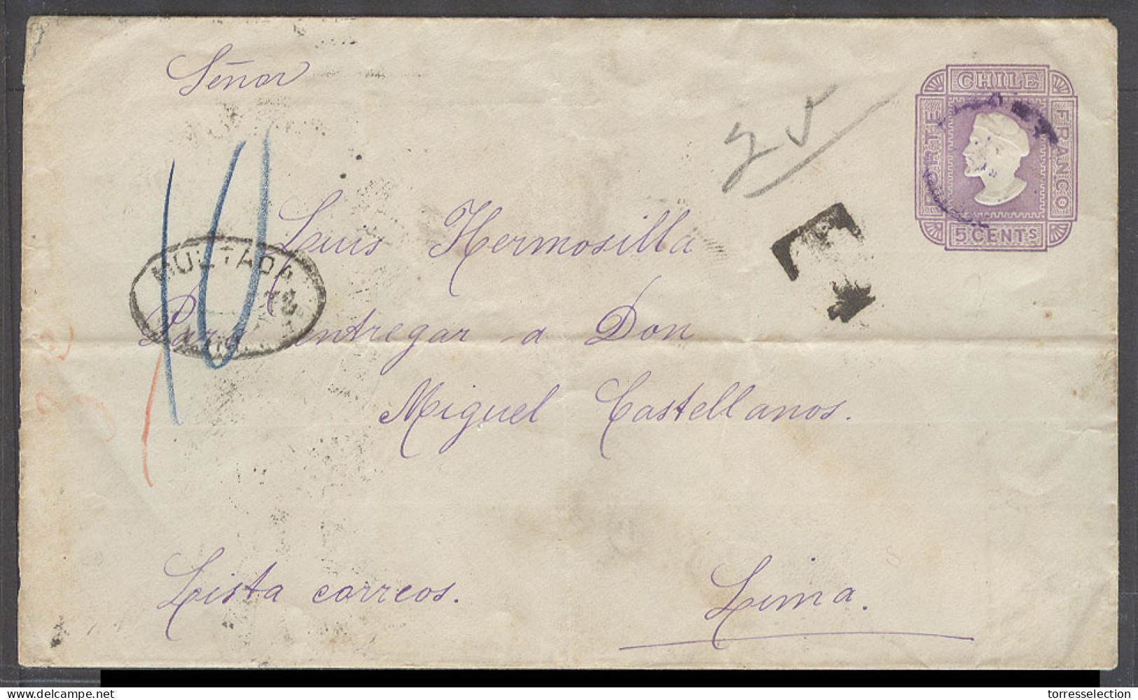 CHILE - Stationery. 1893 (22 July). Valp - Peru, Lima (6 Ago). 5cts Lilac Early Stat Type Env Paper No Wnk Multada Cross - Chile