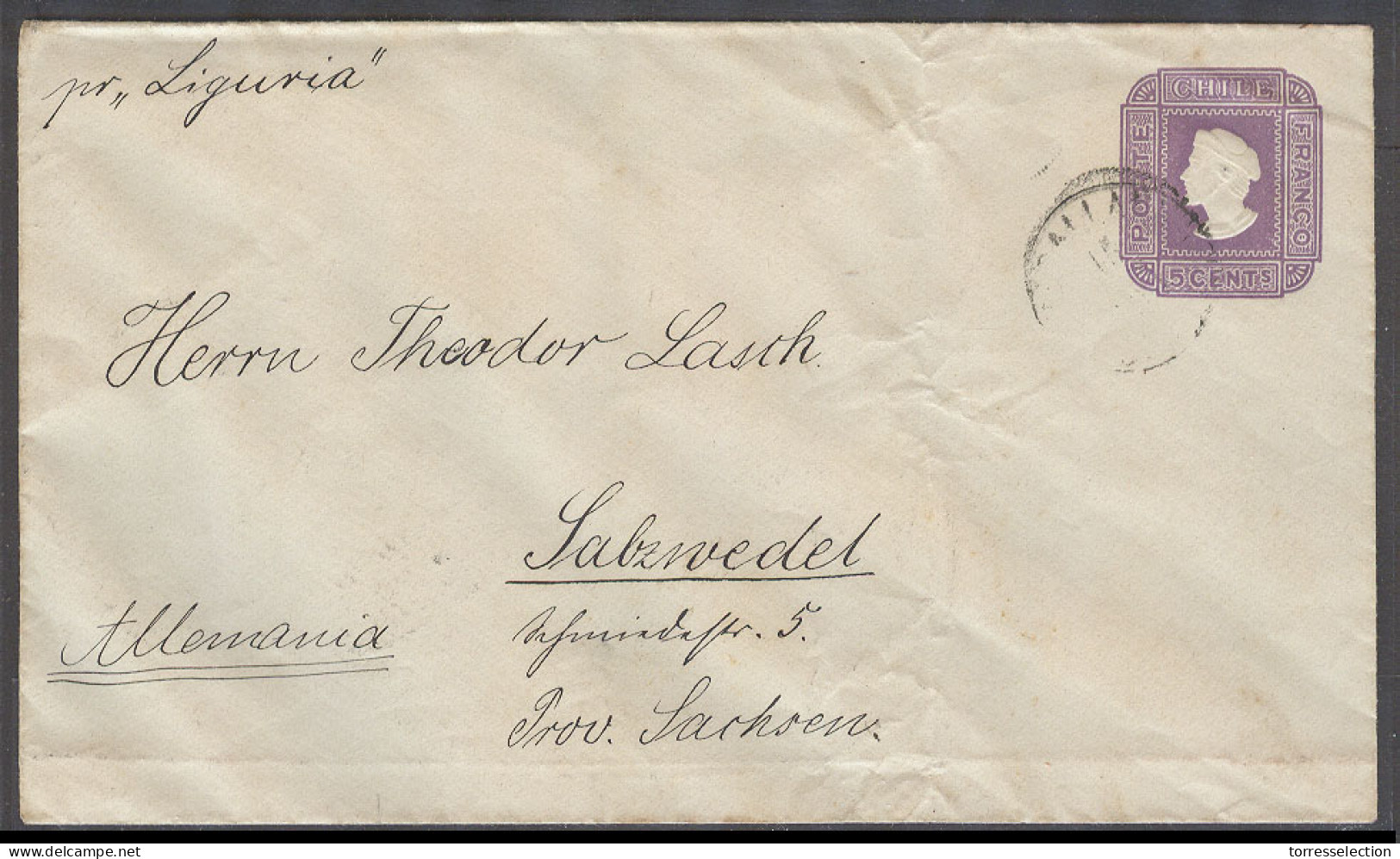 CHILE - Stationery. C.1890. Chillan - Germany, Salzwedel. Early 5c Lilac Stat Env Paper Wavy Lines 240 Degrees. Per Ligu - Chile