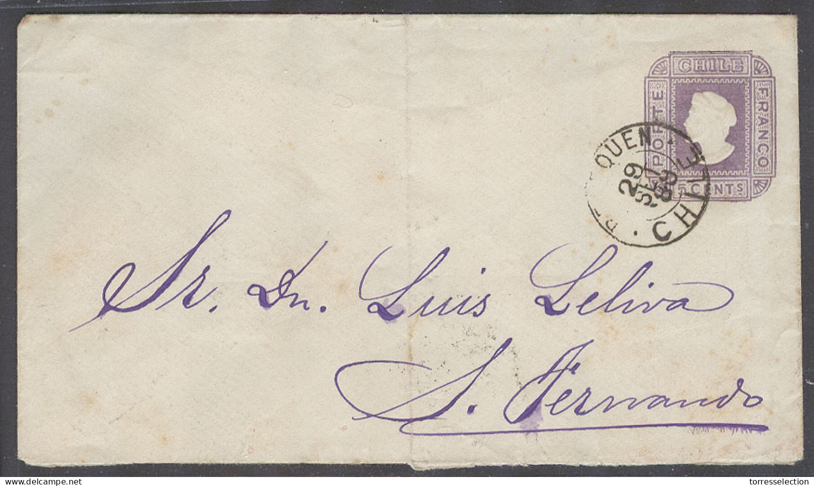 CHILE - Stationery. 1889 (29 Sept). Neiguen - San Fernando (31 Sept). Arrival Reverse Sma Size Env 5c Lilac Paper Diagon - Chile