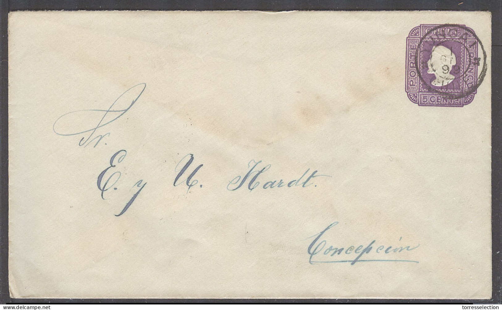 CHILE - Stationery. 1899 (1 Dic). Yingai - Concepcion (2 Dic). 5c Intense Lilac Stat Env Medium Size Paper Wavy Lines 34 - Chile