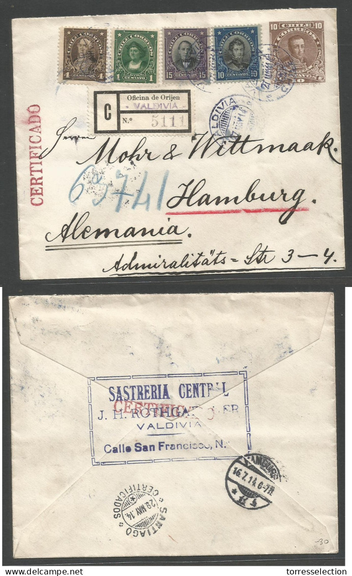 CHILE - Stationery. 1914 (27 May) Valdivia - Germany, Hamburg. Registered 10c Brown Stat Env + 4 Adtls Blue Cds. - Chile