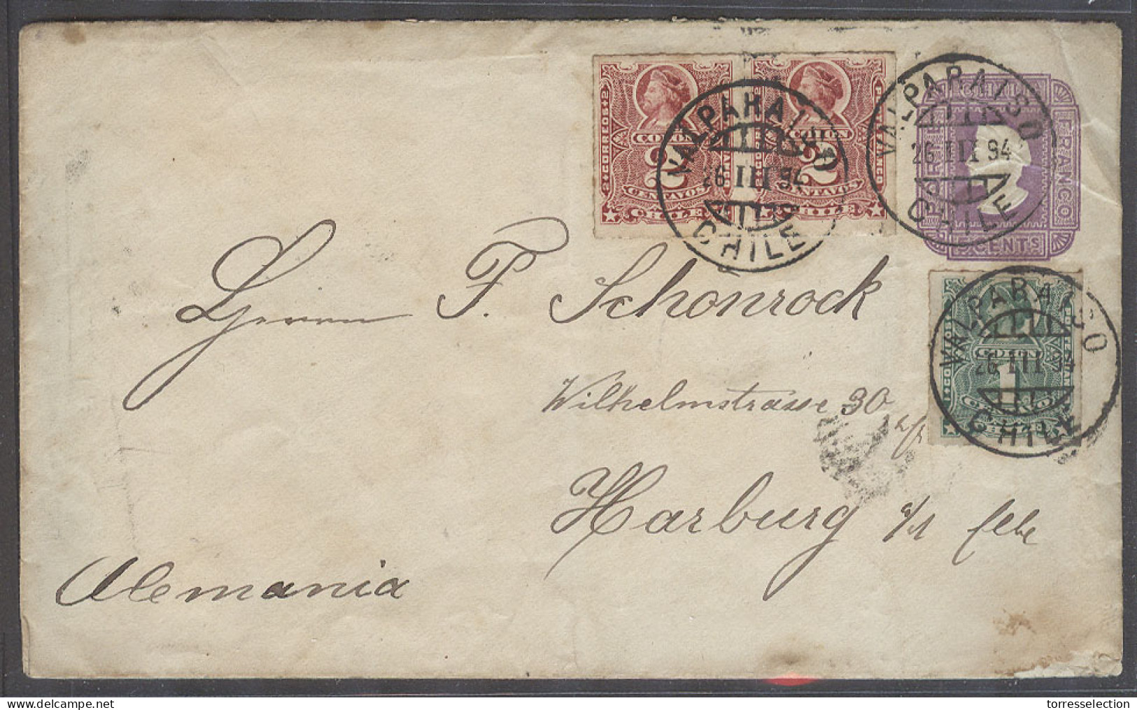 CHILE - Stationery. 1894 (28 March). Valp - Germany, Hamburg (1 May). 5c Lilac Stat Env Early Type Paper With Lines At 3 - Chile