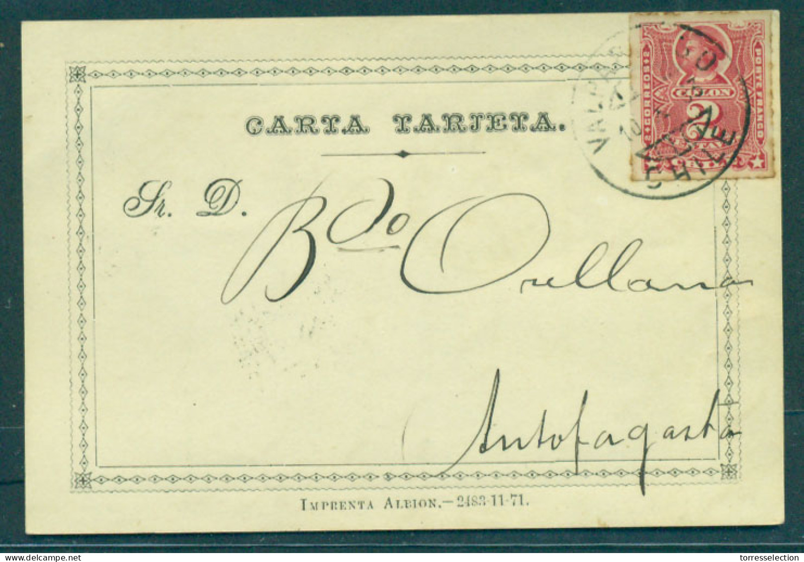 CHILE - Stationery. 1893 (10 Oct). Valp - Antofagasta (15 Oct). Carta Tarjeta 1st Design 35x22 Line, 25mm Main No Wmk, V - Chile