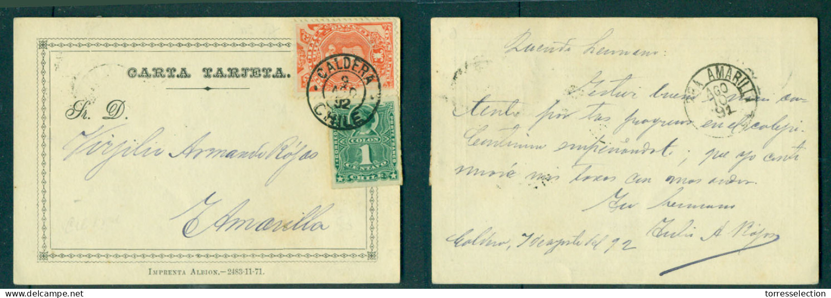 CHILE - Stationery. 1892 (9 Ago). Caldera - Tierra Amarilla. Carta Tarjeta Fkd 1c Green Perce Provisional Fiscal 1c. An  - Chile