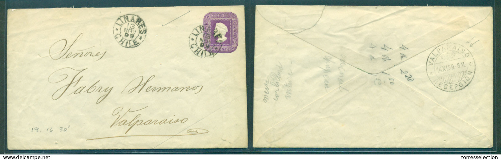 CHILE - Stationery. 1899 (13 Nov). Linares - Valp (14 Nov). 5c Intense Lilac Stat Env Wmk Diagonal Lines, 330º Degrees P - Chile