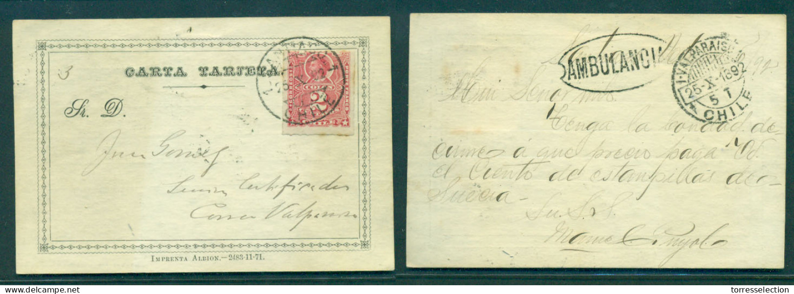 CHILE - Stationery. 1892 (25 Oct). Santiago - Valp. Carta Tarjeta HG3 Fkd 2c Perces Cds. Reverse Oval Ambulancia. Some D - Chile