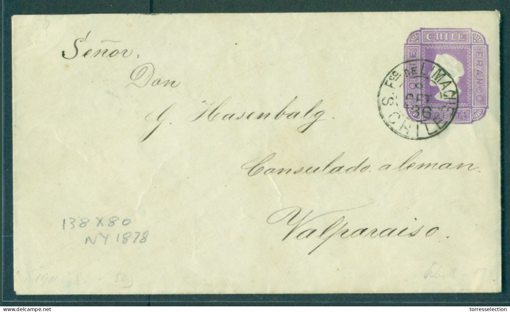 CHILE - Stationery. 1886 (8 Sept). S Fco De Limache - Valp (8 Sept). 5c Dry Lilac Embossed Stat Env Size 138x80mm NY 187 - Chile