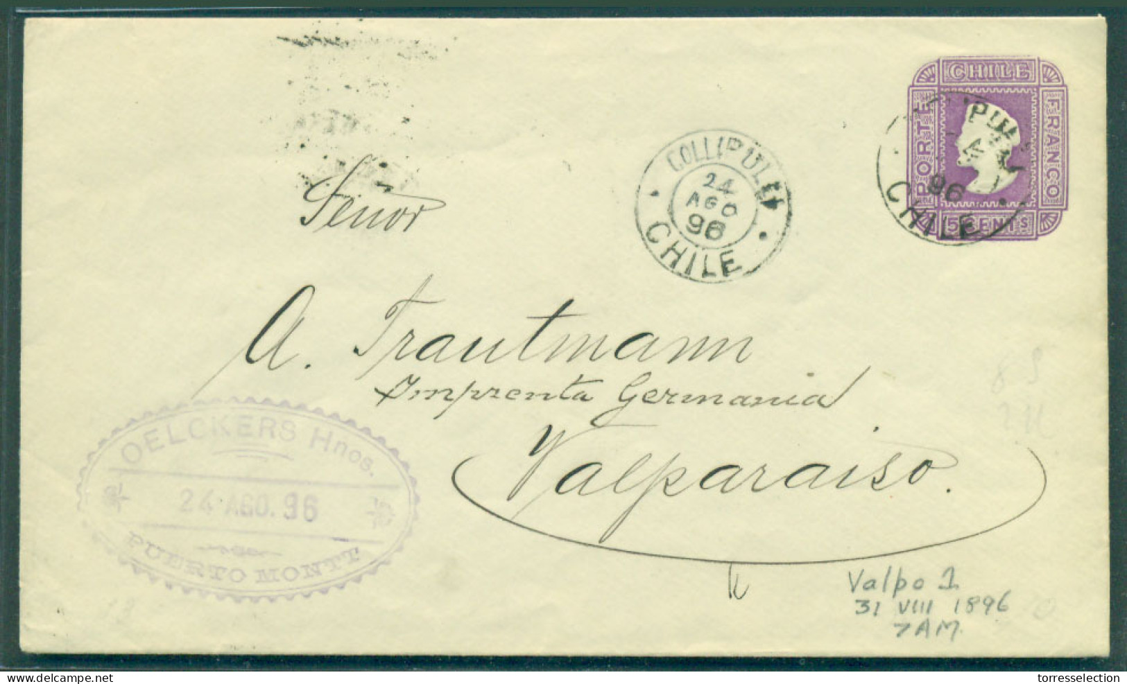 CHILE - Stationery. 1896 (24 Aug). Collipuli - Valp (31 Aug). 5c Lilac Stat Env Few Wmk Lines, Diagonally, Large Separat - Chile