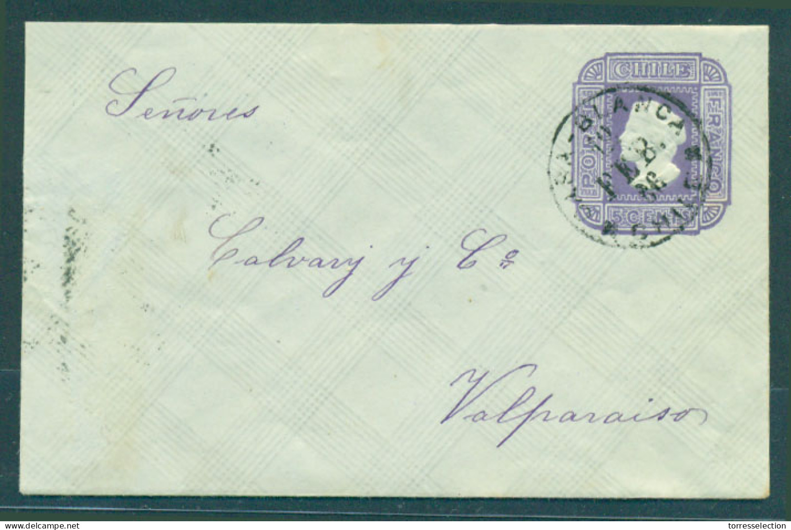 CHILE - Stationery. 1886 (12 Feb). Casa Blanca - Valp (13 Feb). 5c Lilac On Bluish Diagonal Quadille Paper Stat Env Smal - Chile