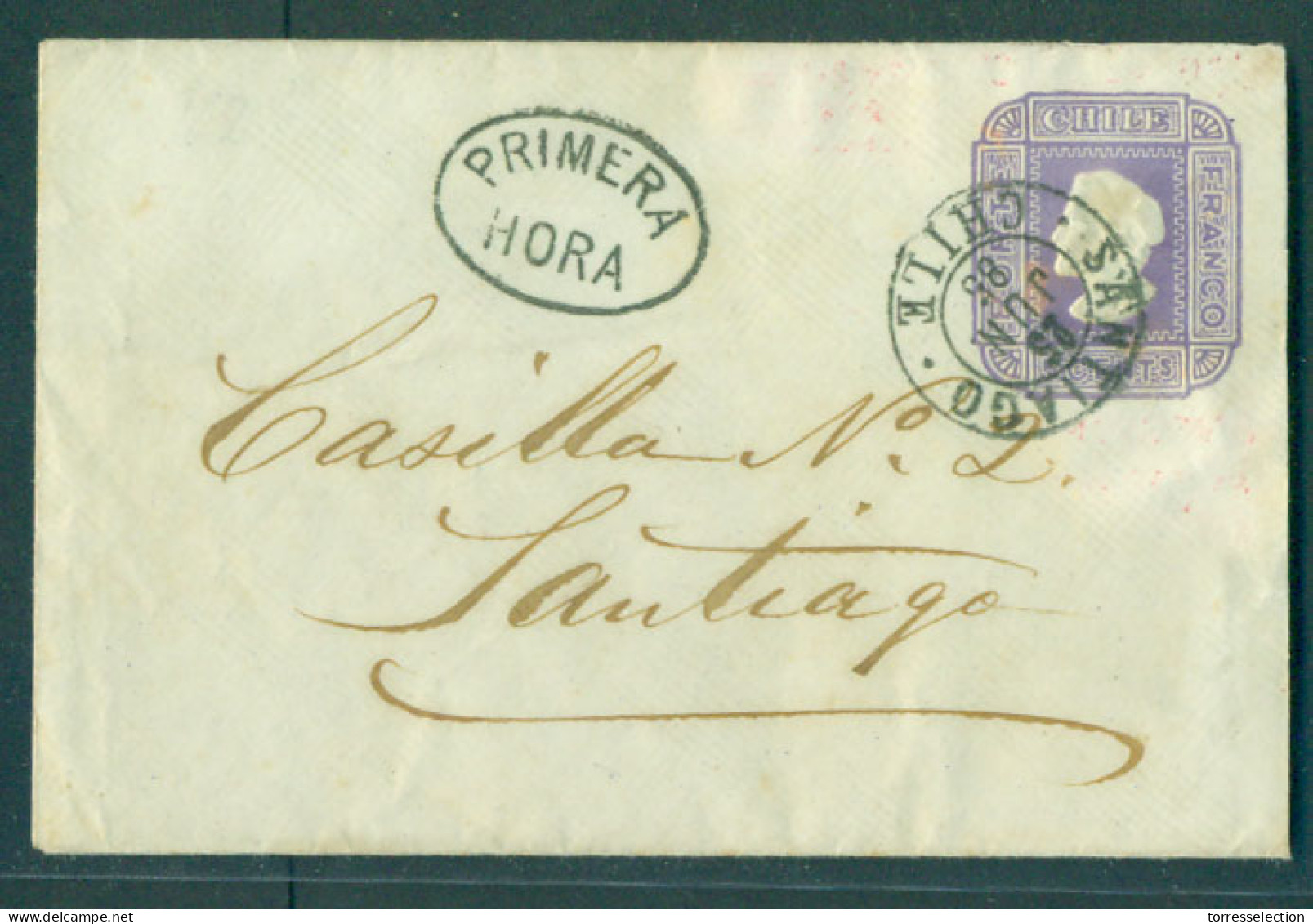 CHILE - Stationery. 1885 (25 June). Santiago Local Usage 5c Lilac On White Quadille Paper 112 X 72. NYI (b) Vds Oval Pri - Chile