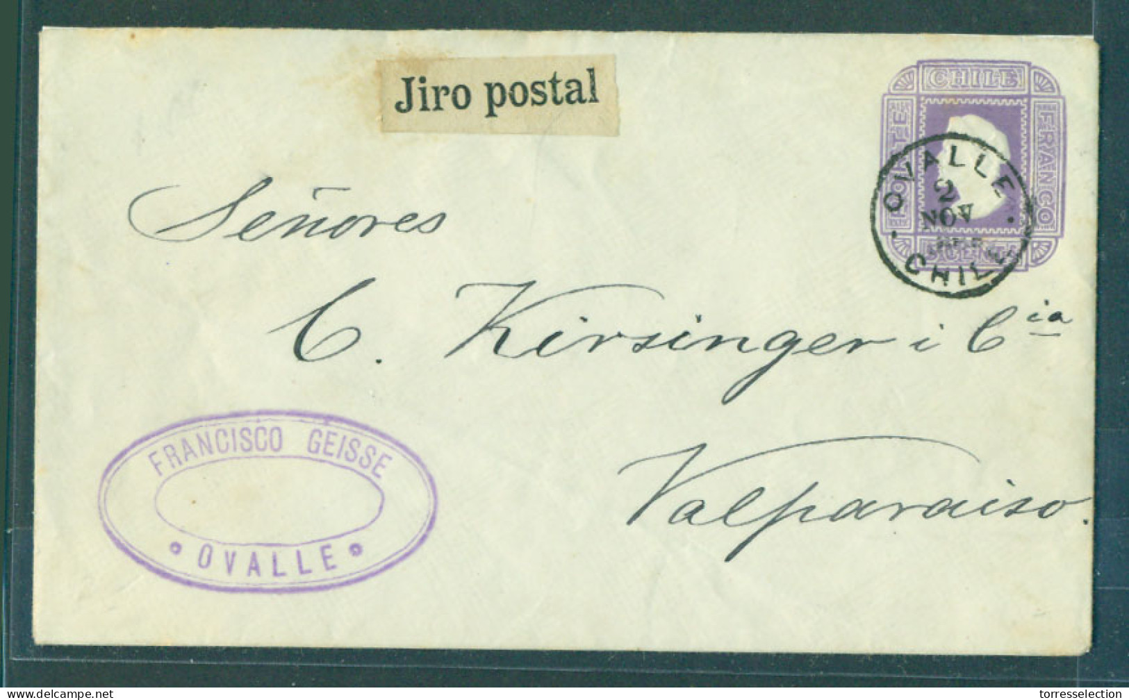 CHILE - Stationery. 1885 (2 Nov). Ovalle - Valp (5 Nov). 5c Lilac Stat Env On White Quadrille Paper, 25º Degrees, Size 1 - Chile