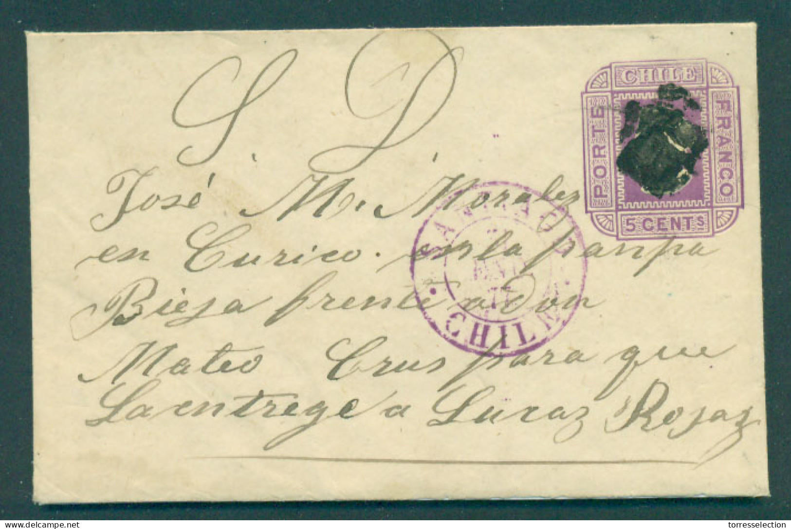 CHILE - Stationery. 1877 (31 Ene). Santiago - Curio. 5c Lilac On Stat Env Type V. Fine Early Usage. - Chile