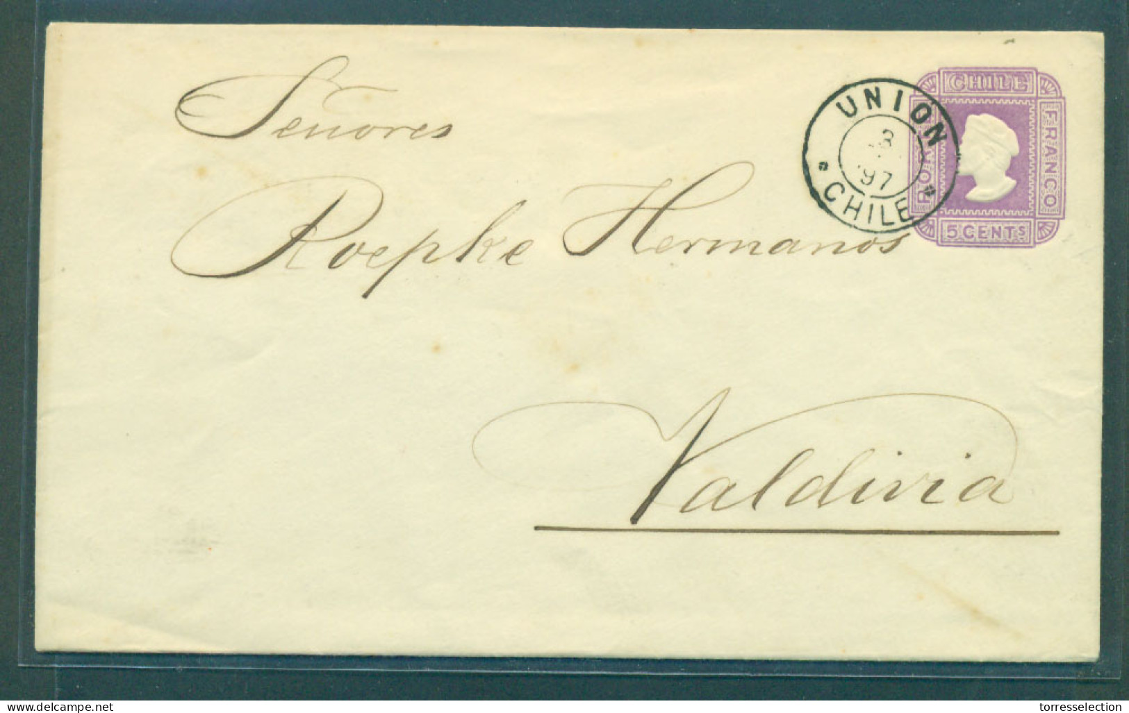 CHILE - Stationery. 1897 (3 Ene). Union - Valdivia 5c Lilac Stat Env Size L White Laid Paper Wmk Lines Lovely Cds. XF. - Chile