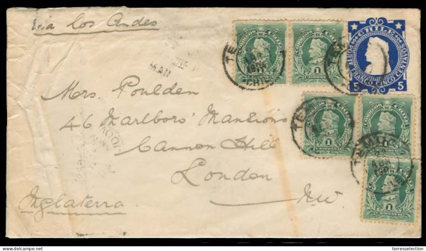 CHILE - Stationery. 1904. Temulco - UK. 5c Deep Blue Stat Env + 5 X 1c Green Colon Adtls / Cds. Via Andes. VF Multiple A - Chile