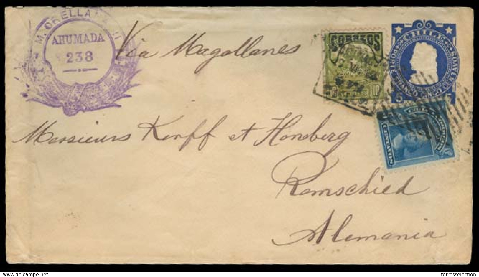 CHILE - Stationery. 1905. Stgo - Germany. 5c Blue Stat Env + 2 Adtls Mixed Issues, One Telegraph Ovptd Via Magallanes. F - Chile