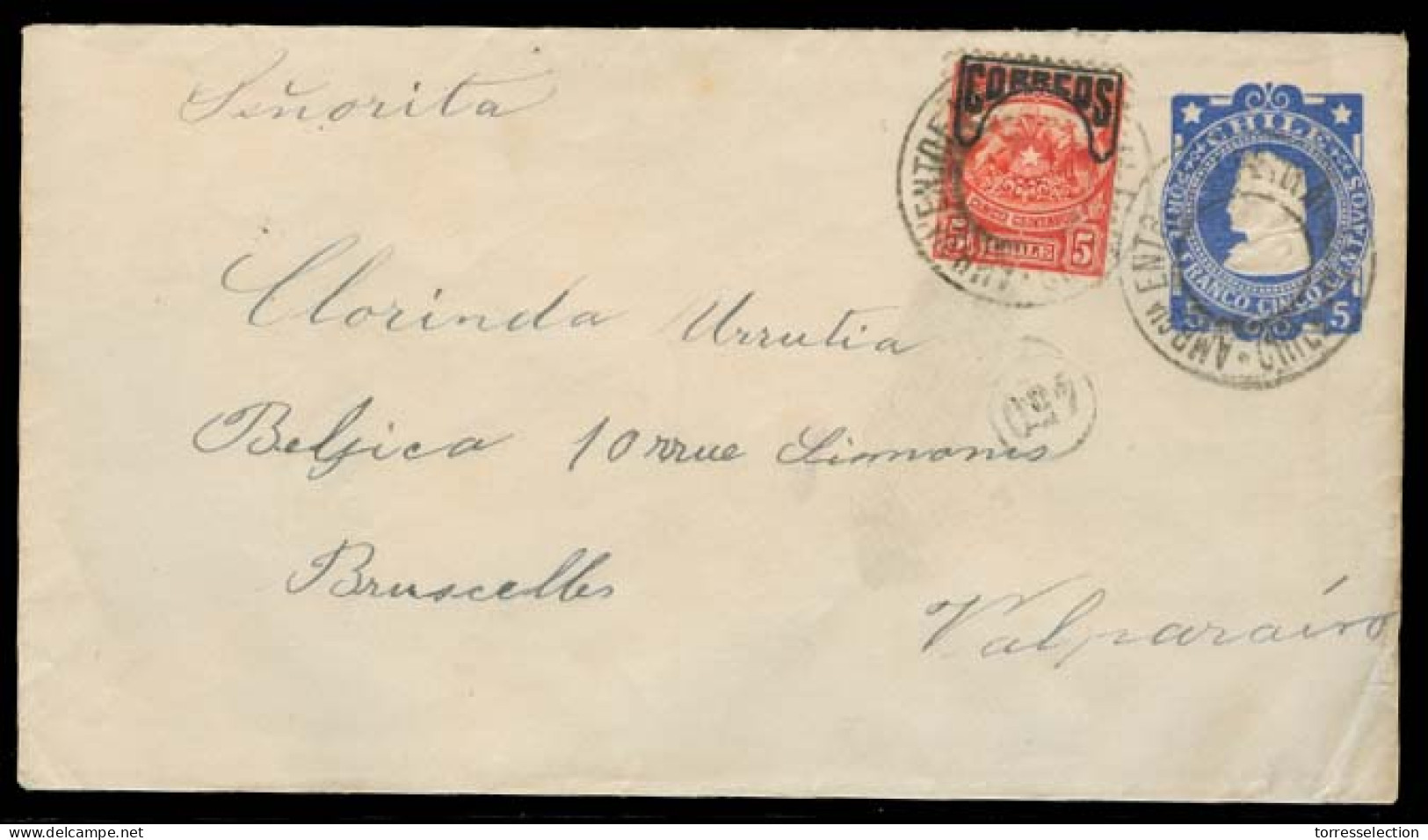 CHILE - Stationery. 1904. Addressed To Belgium. 5c Blue State Env + Adtl Telegraph 5c Red Ovptd / Cancel TPO "Ambulancia - Chile