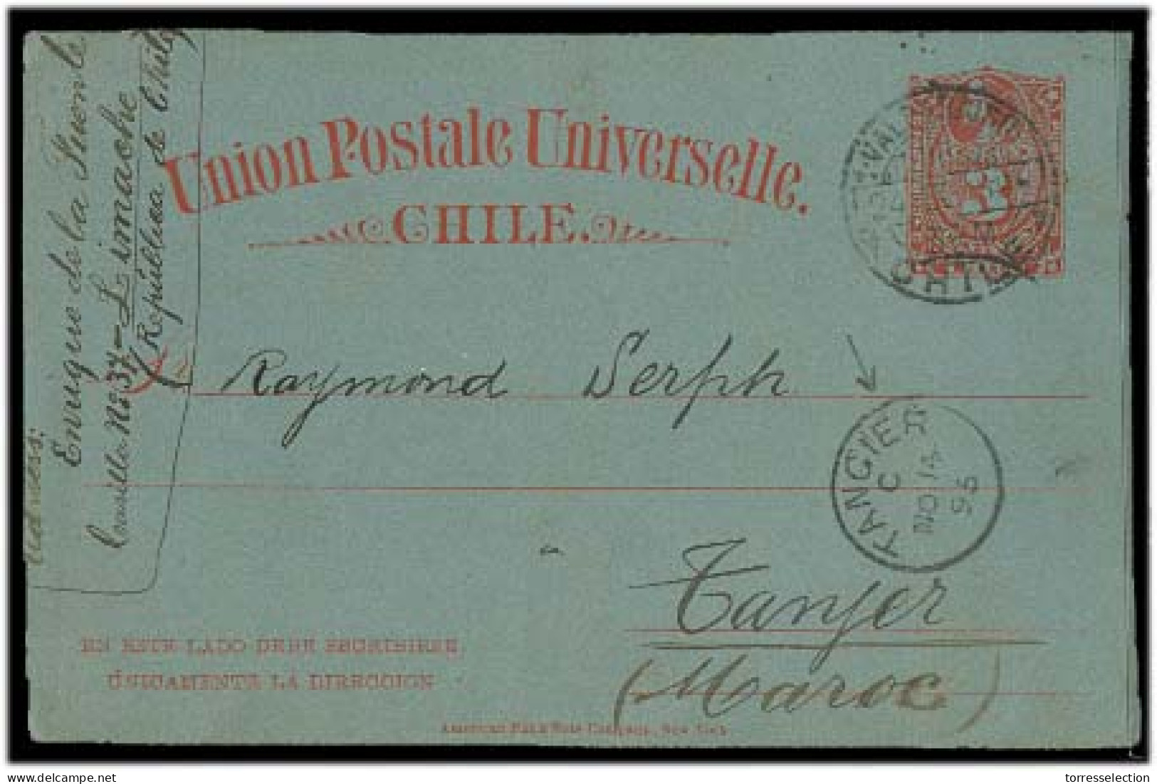 CHILE - Stationery. 1895 (18 Sept). Limache - Valp - Marruecos / British / Tangier BPO. 3c Red Stat Card + Arrival Cds A - Chile