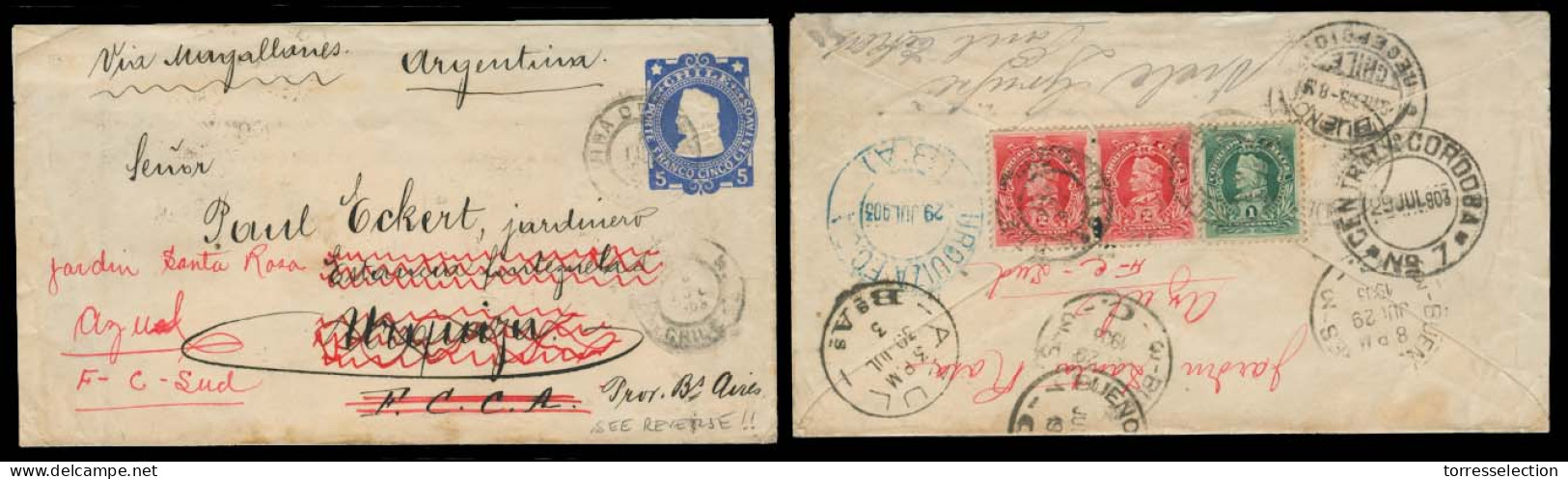 CHILE - Stationery. 1903. Viña Del Mar To Azul / Argentina. Via Magallanes. 5c Blue Stat Env + 3 Diff + Urquiza FC Railw - Chile