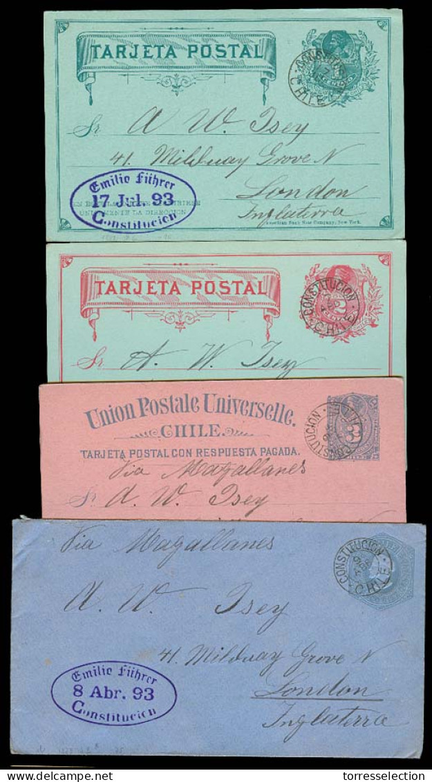 CHILE - Stationery. 1893. Constitucion - UK. 4 Nice Stat Card Env Usage From Same Sender In Diff Dates XF Condition Oppo - Chile