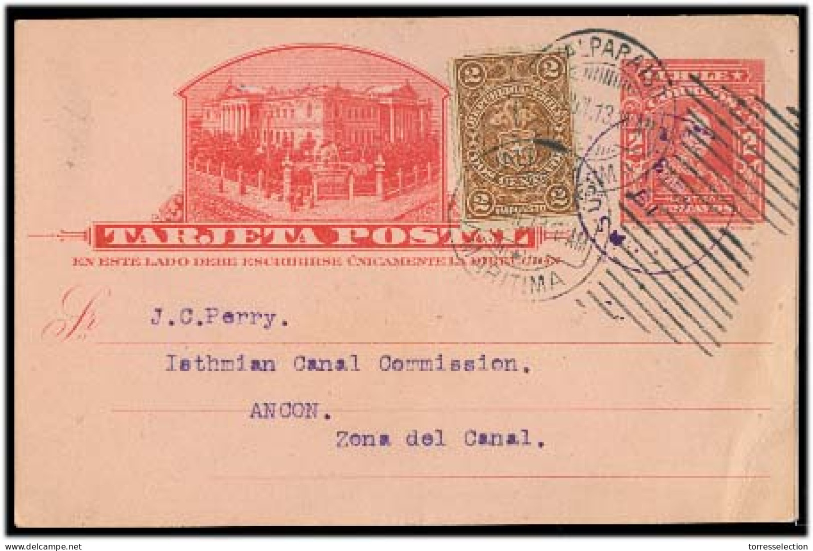 CHILE - Stationery. 1910 (13 June). Valp - Ancon / Canalzone. Provissional Usage 2c Revenue On 2c Red Stat Con + Better  - Chile