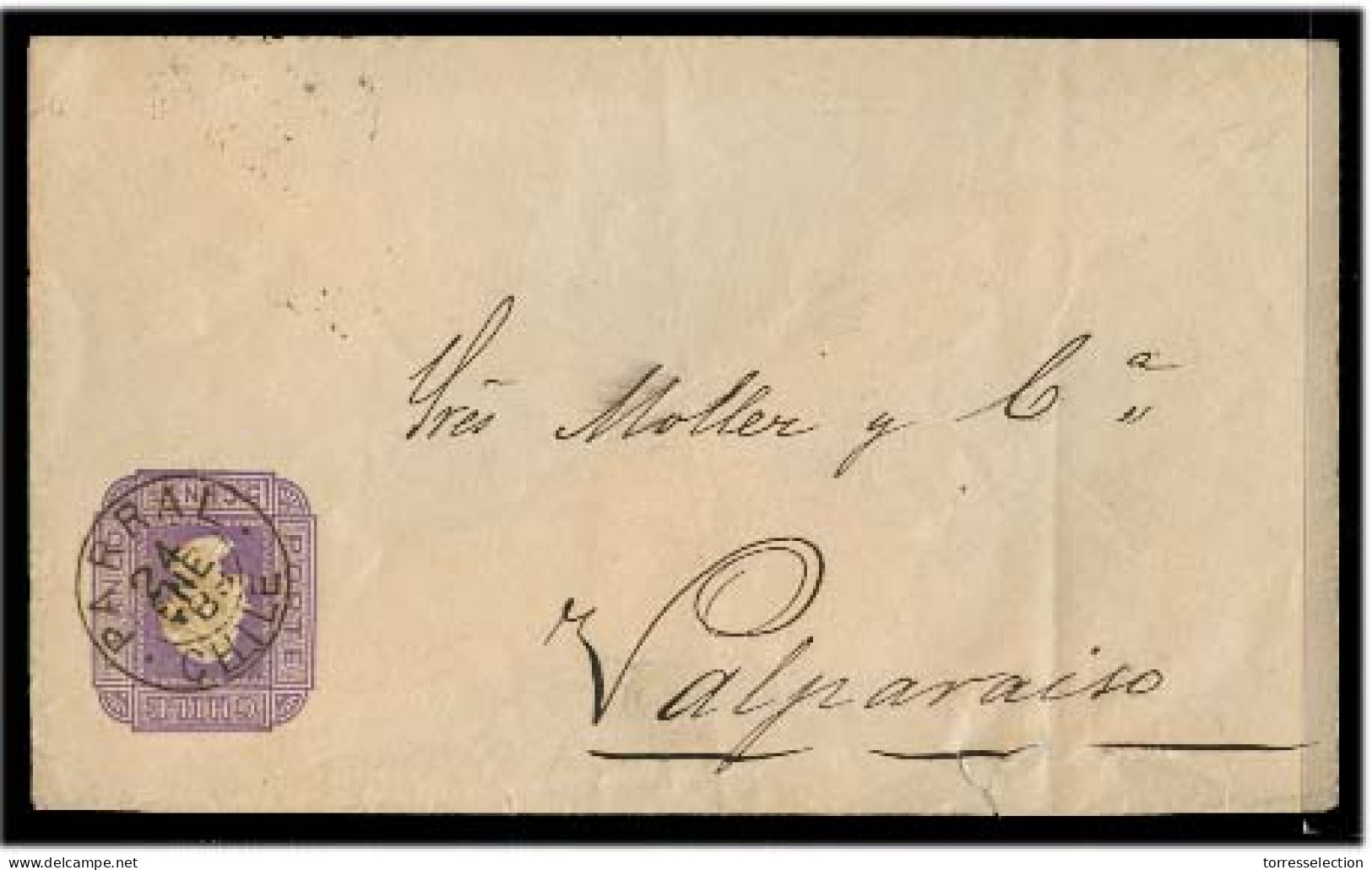 CHILE - Stationery. 1889 (24 Enero). Parral - Valp. 5c Stat London 140 X 85, 87º Degrees Vertical Wavy Lines Paper / Cds - Chile