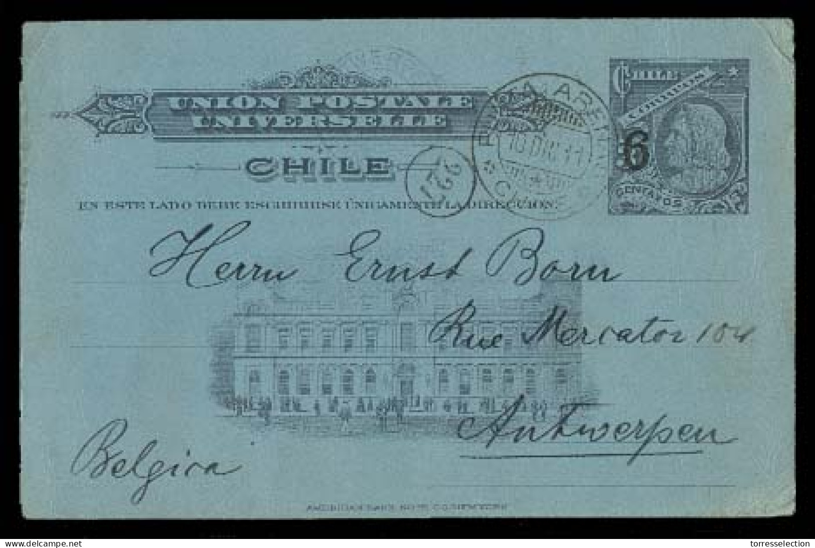 CHILE - Stationery. 1911 (10 Dic). Punta Arena - Belgium. 6c / 5c Stat Cond. Fine Used. - Chile