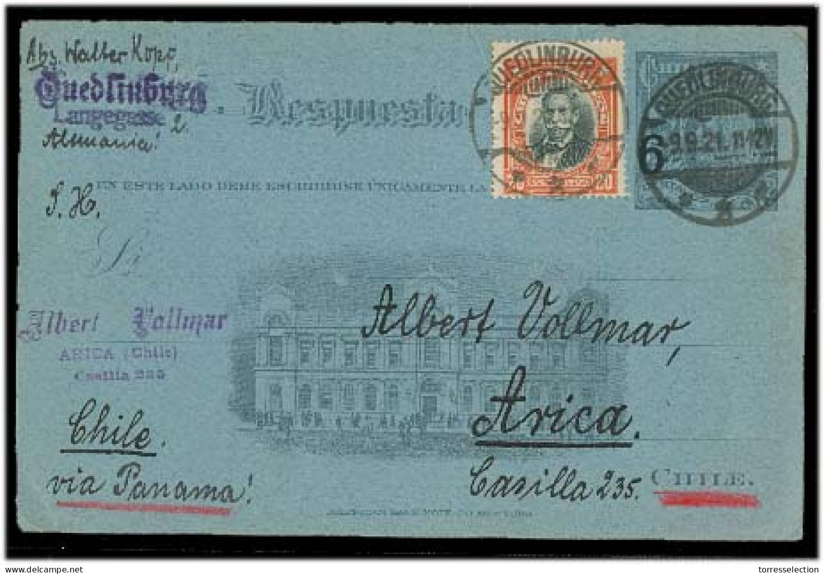 CHILE - Stationery. 1921 (9 Sept). Reply Half 6c / 5c Stat Card + 20c Cancelled Queolinburg On Way Back To Arica. Proper - Chile