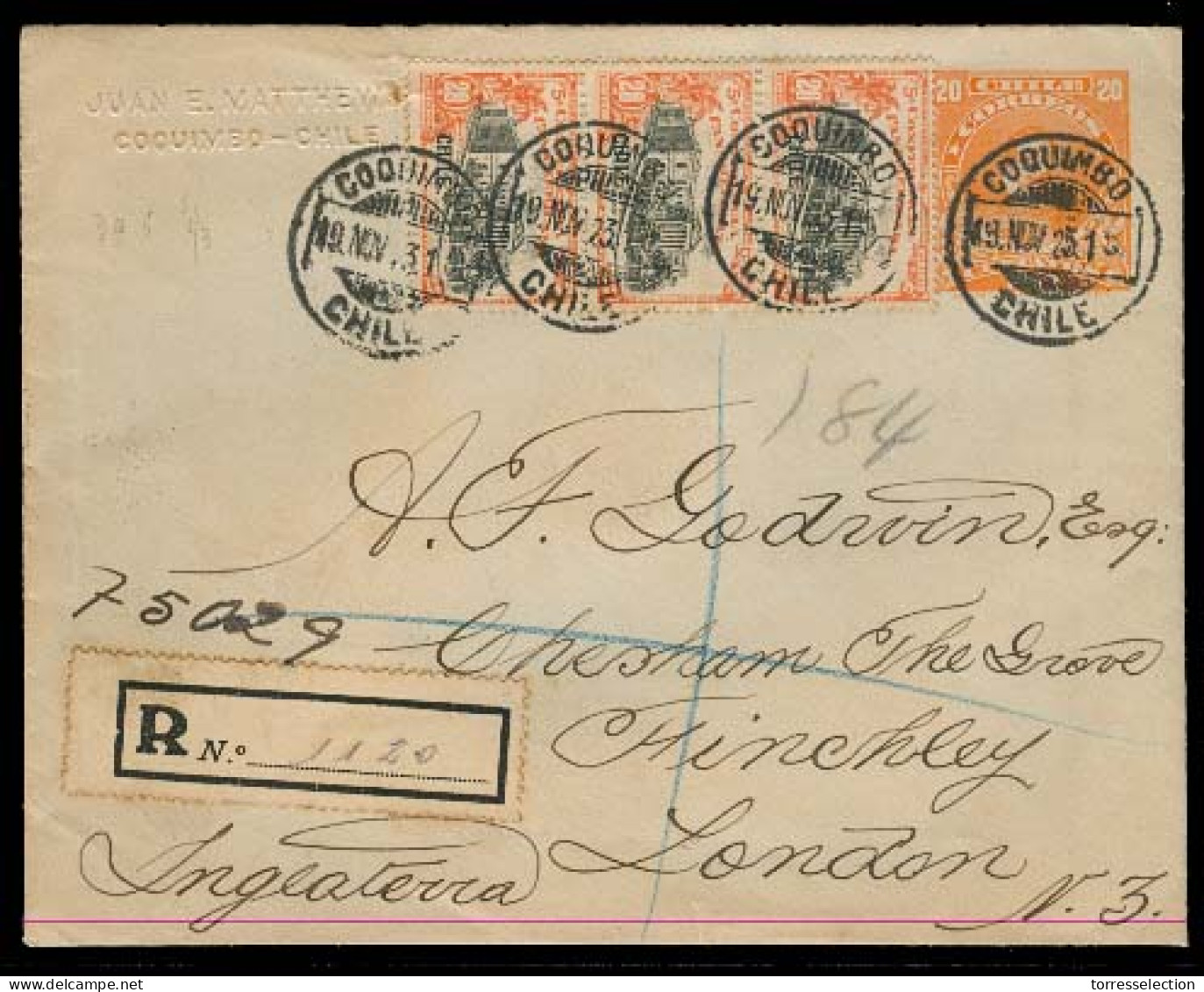 CHILE - Stationery. 1923 (21 Nov). 20c Pse (H&G 24) With Added Strip X3 1923 Pan-Am Conference 20c Sent From Coquimbo To - Chile