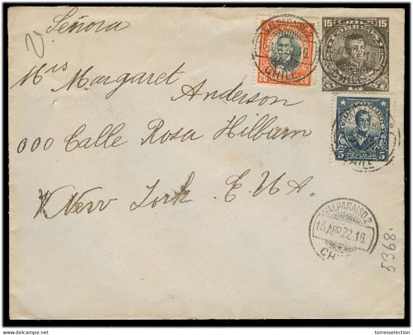 CHILE - Stationery. 1922 (13 April). Valp. - USA. 15c Brown Stat Env + 2 Adtls. VF. - Chile