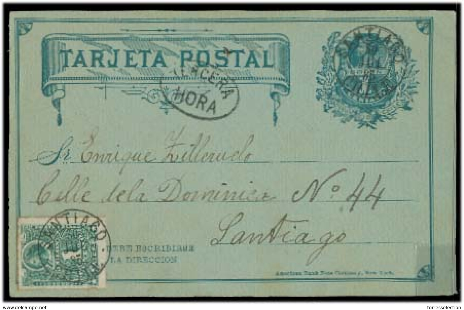 CHILE - Stationery. 1885 (30 July). Santiago Local Stat Card 1c Green + 1c Adtl / Tercera Hora Cds. XF + Scarce Combinat - Chile