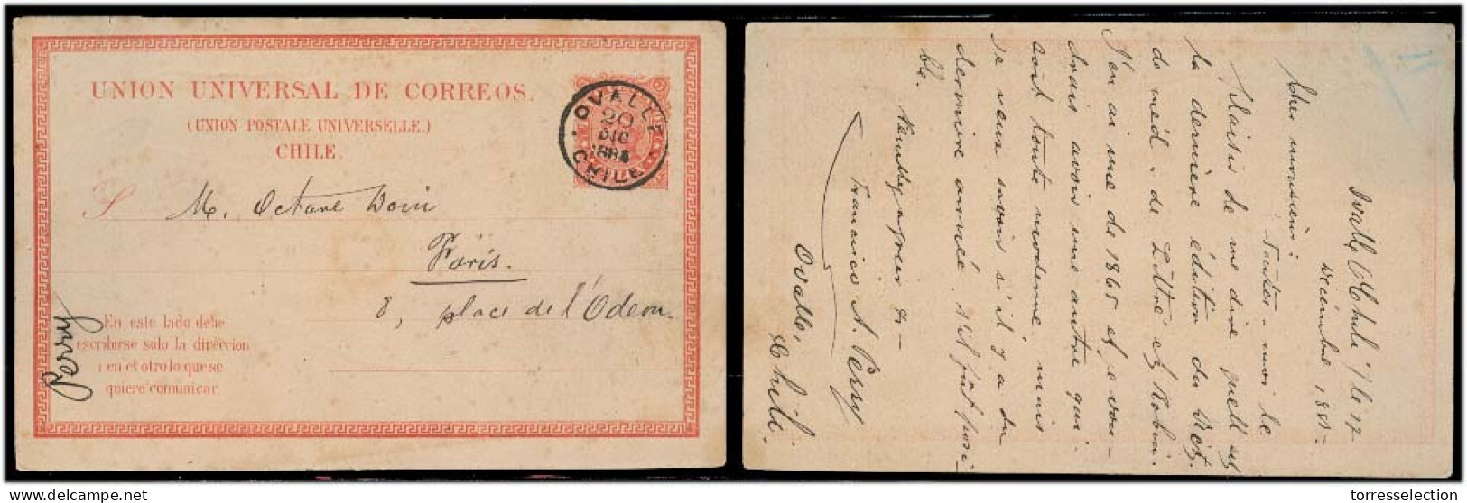 CHILE - Stationery. 1883 (20 Dec). Ovalle - France. 3c Red Stat Card. Proper Usage V Scarce. - Chile