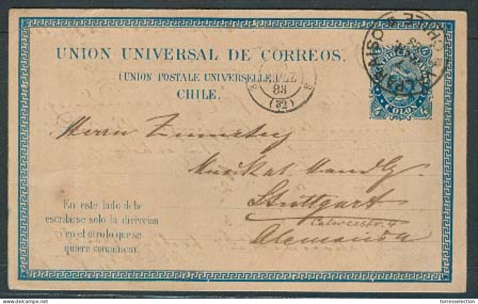 CHILE - Stationery. 1883. Valp - Germany. 4c Blue Early Stat Card. Rare Used On Time. - Chile