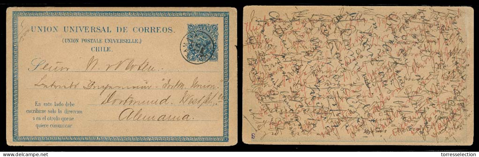 CHILE - Stationery. 1884 (15 Sept). Tamaya Postal Agency / Ovalle Dept  Germany. 4c Blue Early Stat Card. Proper Usage + - Chile