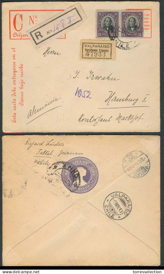 CHILE - Stationery. 1913.  Taltal - Germany. Reg Stat Env + 2 Adtl Stamps + 2 Reg Labels. Scarce And VF. - Chile