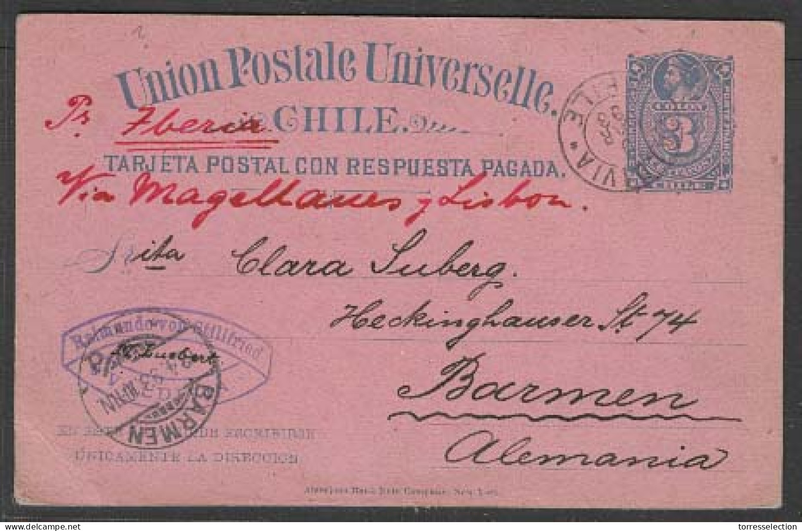 CHILE - Stationery. 1893 (9 March). Valdivia - Germany. 3c Stat Card Grey Blue On Pink. Endorsed "Per Iberia" Via Magall - Chile