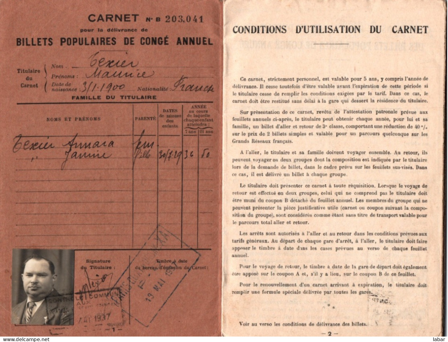 CARNET POUR LA DELIVRANCE DE BILLETS POPULAIRES DE CONGE ANNUEL - Andere & Zonder Classificatie