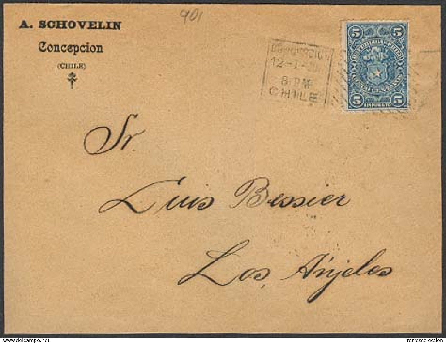 CHILE. 1901 (12 Ene). Concepcion - Los Angeles. Provisional Period. Env Fkd 5c Impuesto. VF. Arrival Cds. - Chile