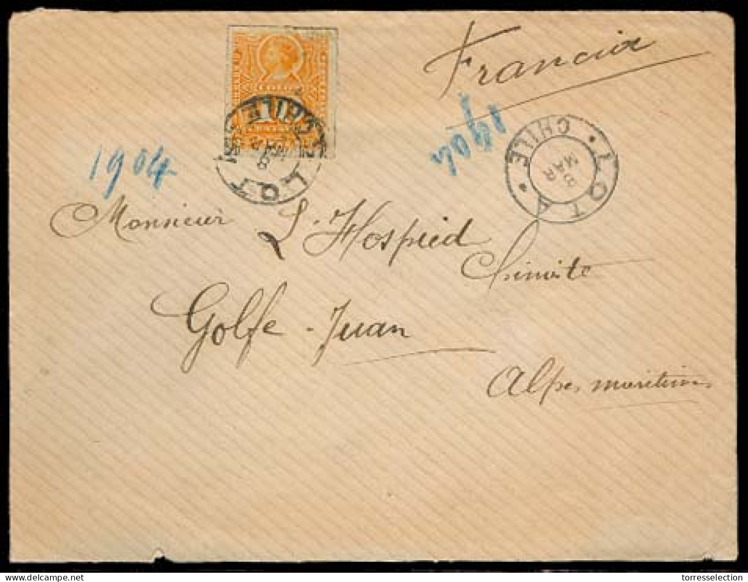 CHILE. 1904. Lota - France / Le Golfe Juan. Fkd Env 10c Yellow - Orange / Cds. VF. Carried By SS Atlantique / French Mar - Chile