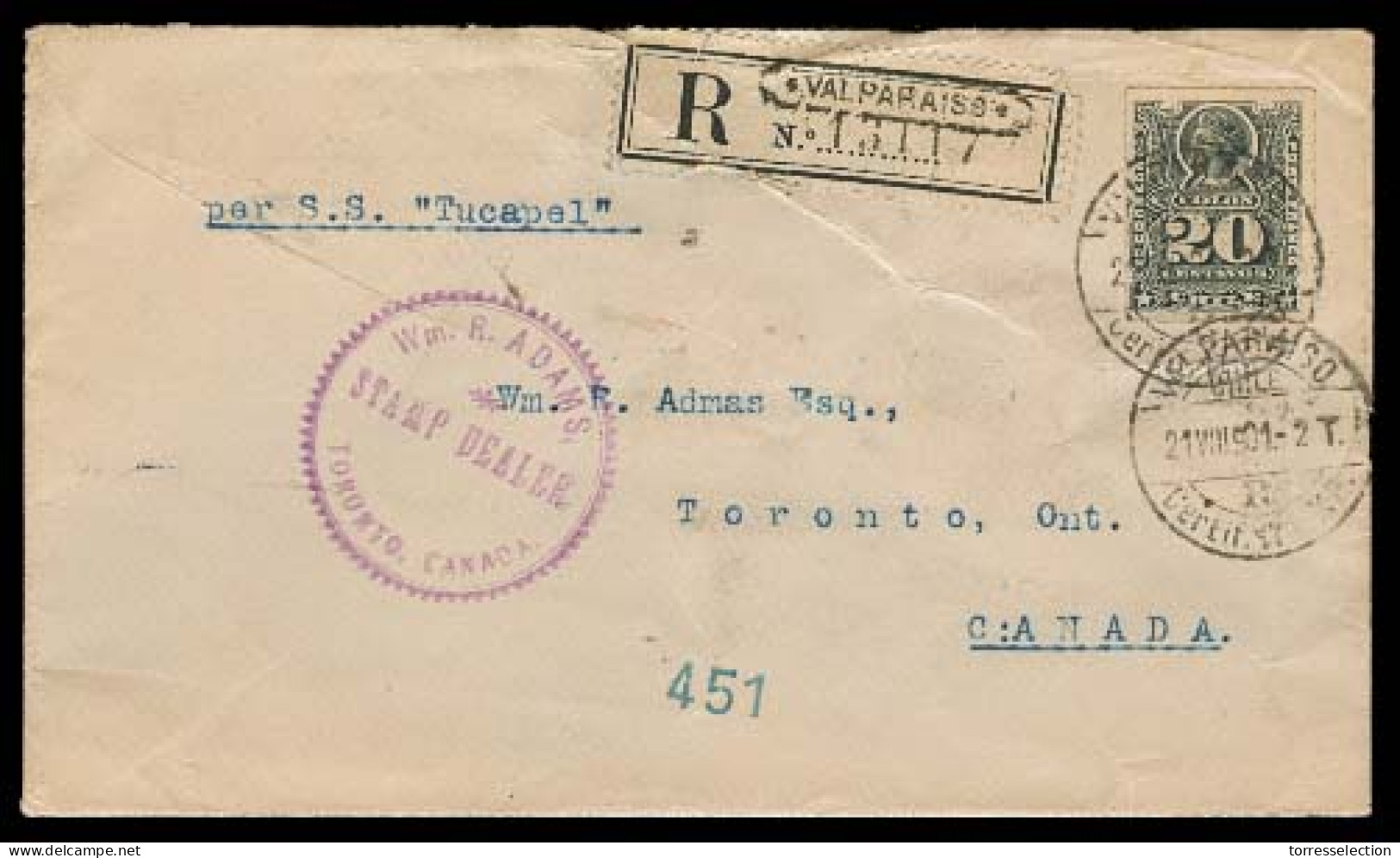 CHILE. 1901. Valp.-Canada. Reg Fkd Env. 20c Single. SS Tucapel. Via NY Sunk Near Mollendo 1911 With 31 Lives Lost. F-VF. - Chile