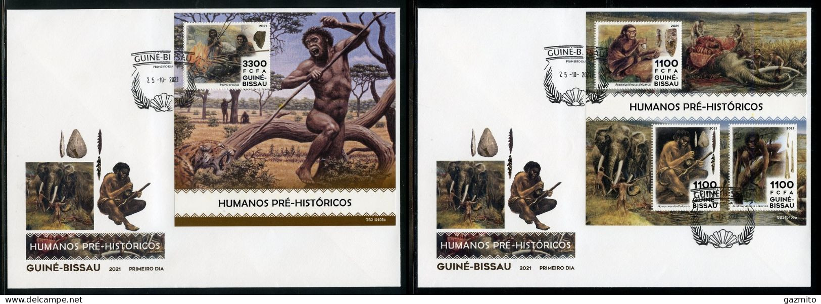 Guinea Bissau 2021, Prehistoric Men, Fossils, 3val In BF +BF In 2FDC - Fossiles