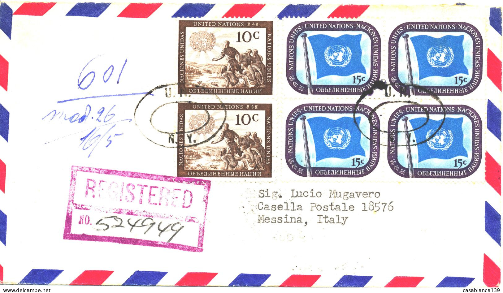 UN New York  1958, Registered Letter To Italy, Interesting Cancellation , See Back Side - Briefe U. Dokumente