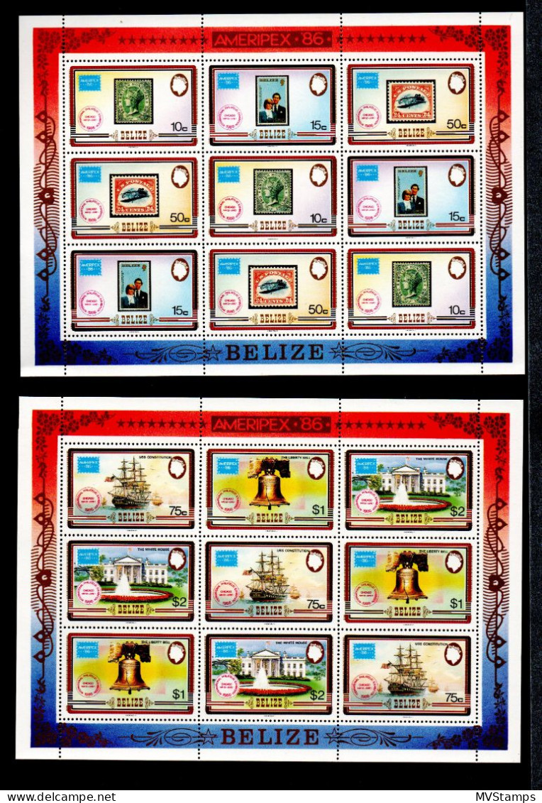 Belize 1986 Set Sheets Ameripex/Ships/Aviation Stamps (Michel 892/97 K) MNH - Belize (1973-...)