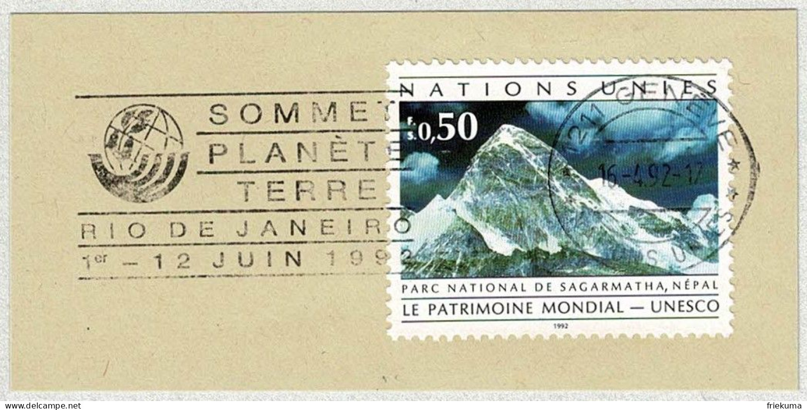 UNO Genève 1992, Flaggenstempel Sommet Planète Terre / Gipfel Planet Erde Rio De Janeiro - ONU