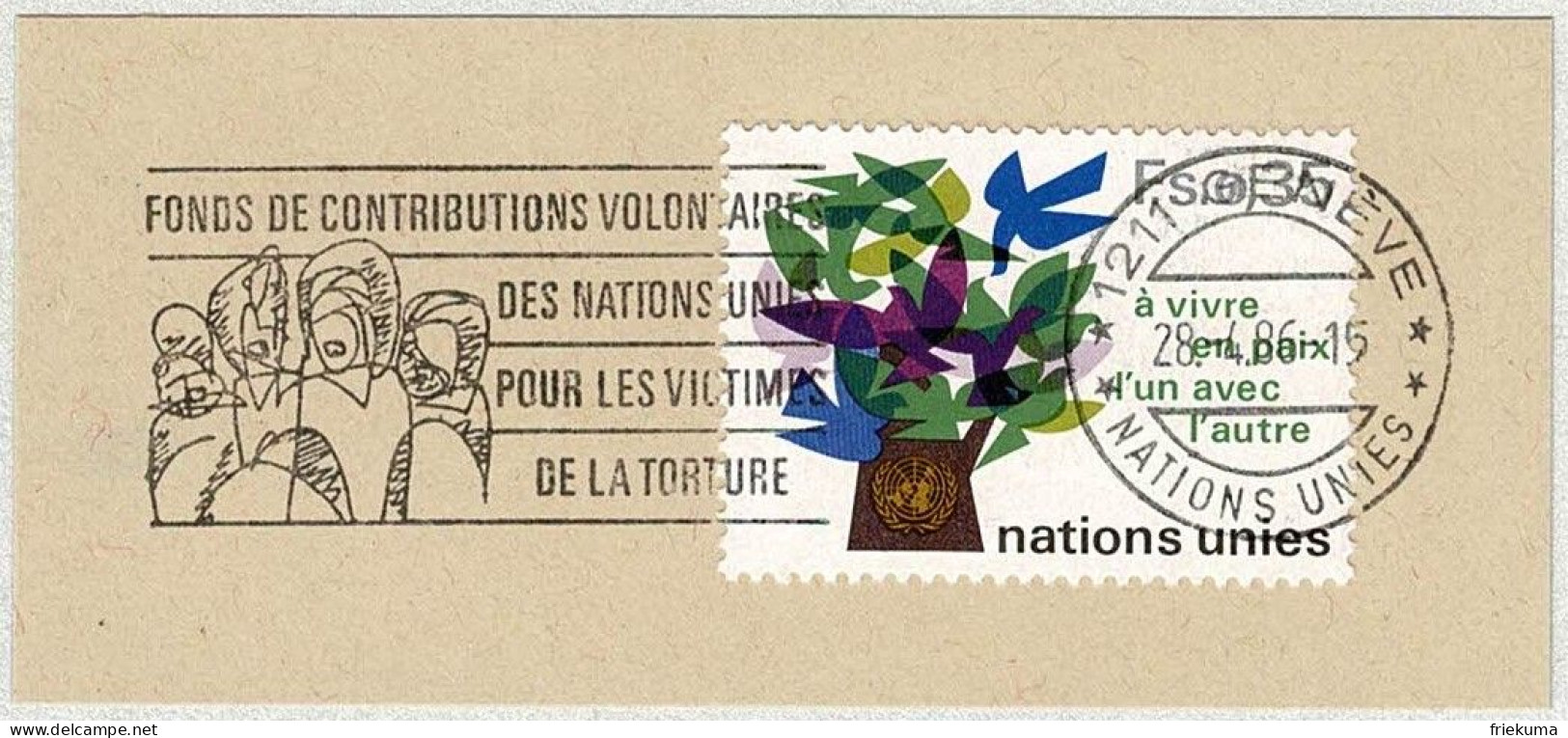 UNO Genève 1986, Flaggenstempel Fonds Victimes De La Torture / Opfer Naturkatastrophen - ONU