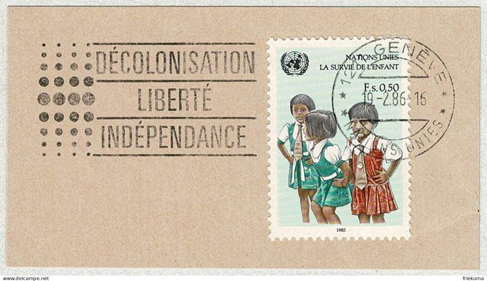 UNO Genève 1986, Flaggenstempel Décolonisation / Dekolonisierung, Liberté / Freiheit / Indépendance / Unabhängigkeit - ONU