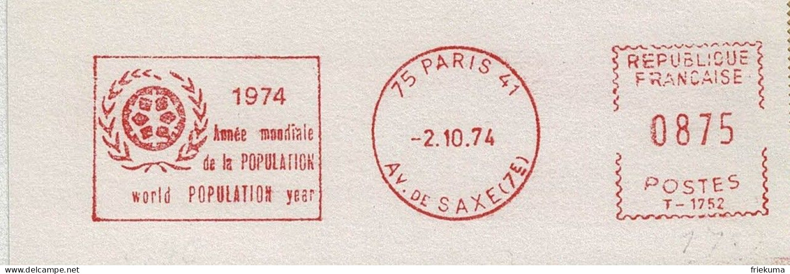 Frankreich / France 1974, Freistempel / EMA / Meterstamp Année Mondiale Population / World Population Year Paris - ONU