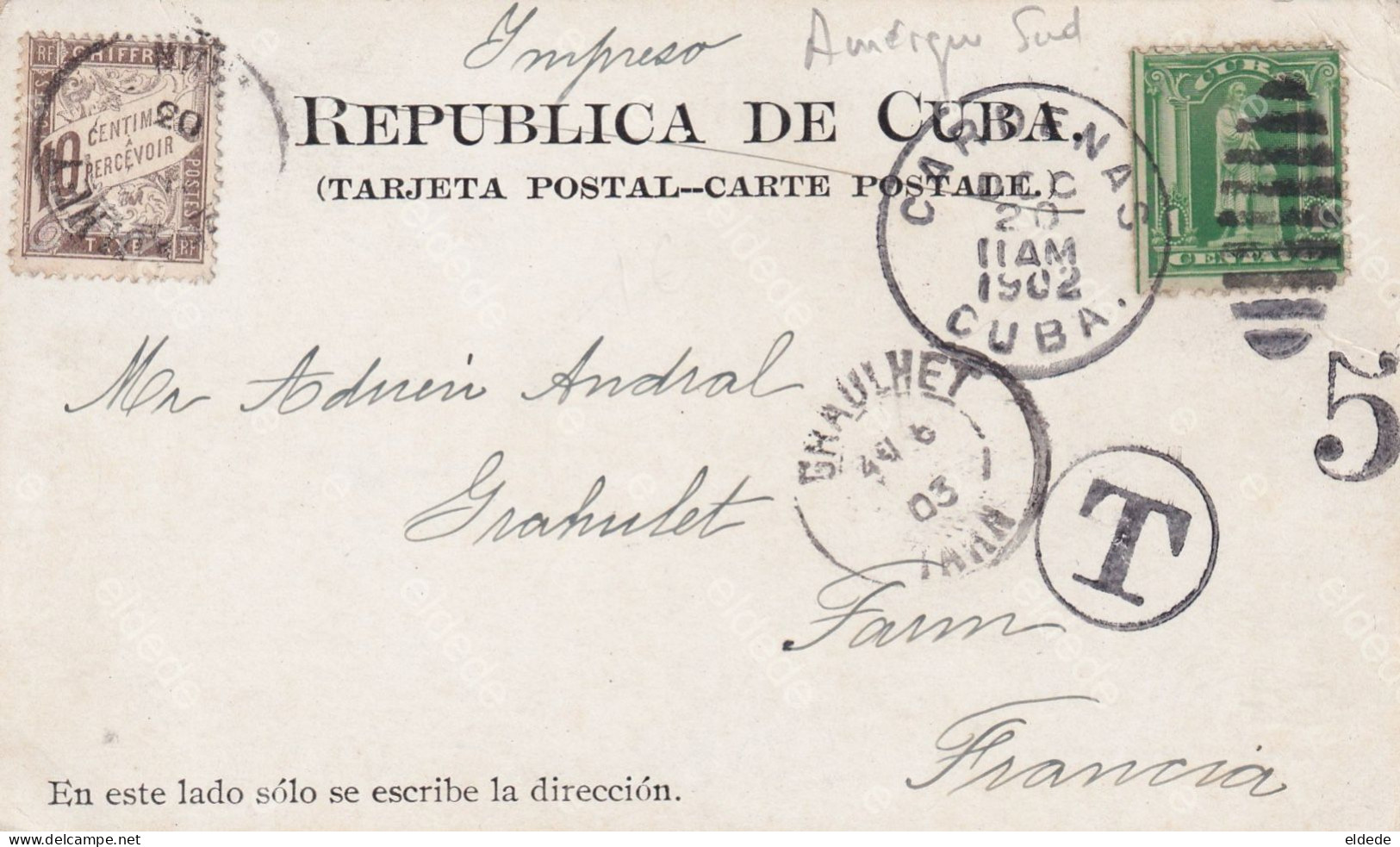 Pioneer Card  Cuba 1902 Cardenas La Punta Angel Mental Vers Graulhet Tarn Taxée Taxe Andral - Cuba