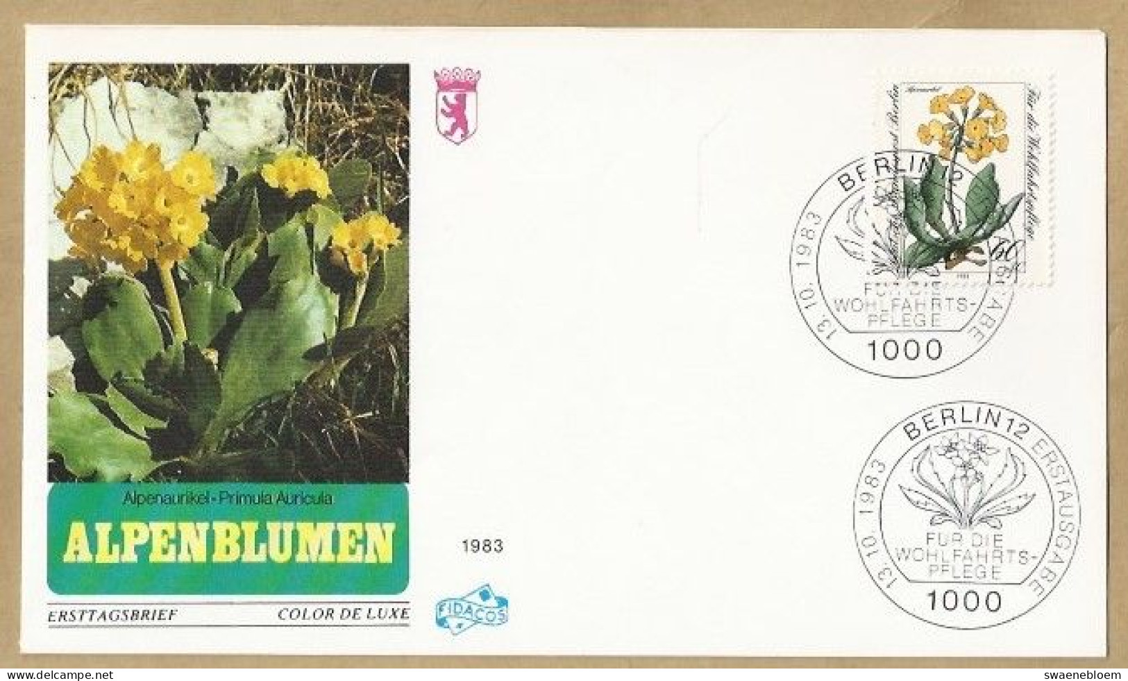 DE.- ERSTTAGSBRIEF. ALPENBLUMEN. ALPENAURIKEL-PRIMULA AURICULA. ERSTAUSGABE 13.10.1983. BERLIN 12. FDC - 1981-1990